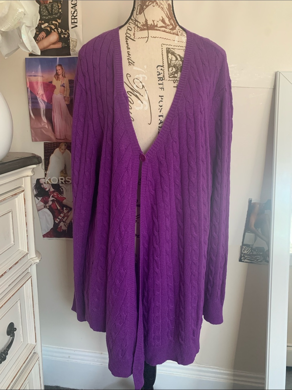 Versace Purple Cable-Knit V-Neck Cardigan